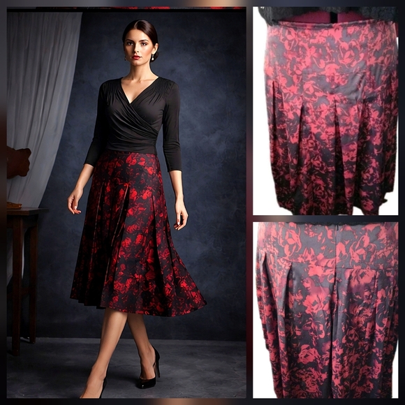 long tall sally Dresses & Skirts - Long Tall Sally Red Floral Pleated Midi Skirt US 14 Silk-Feel Hidden Zip